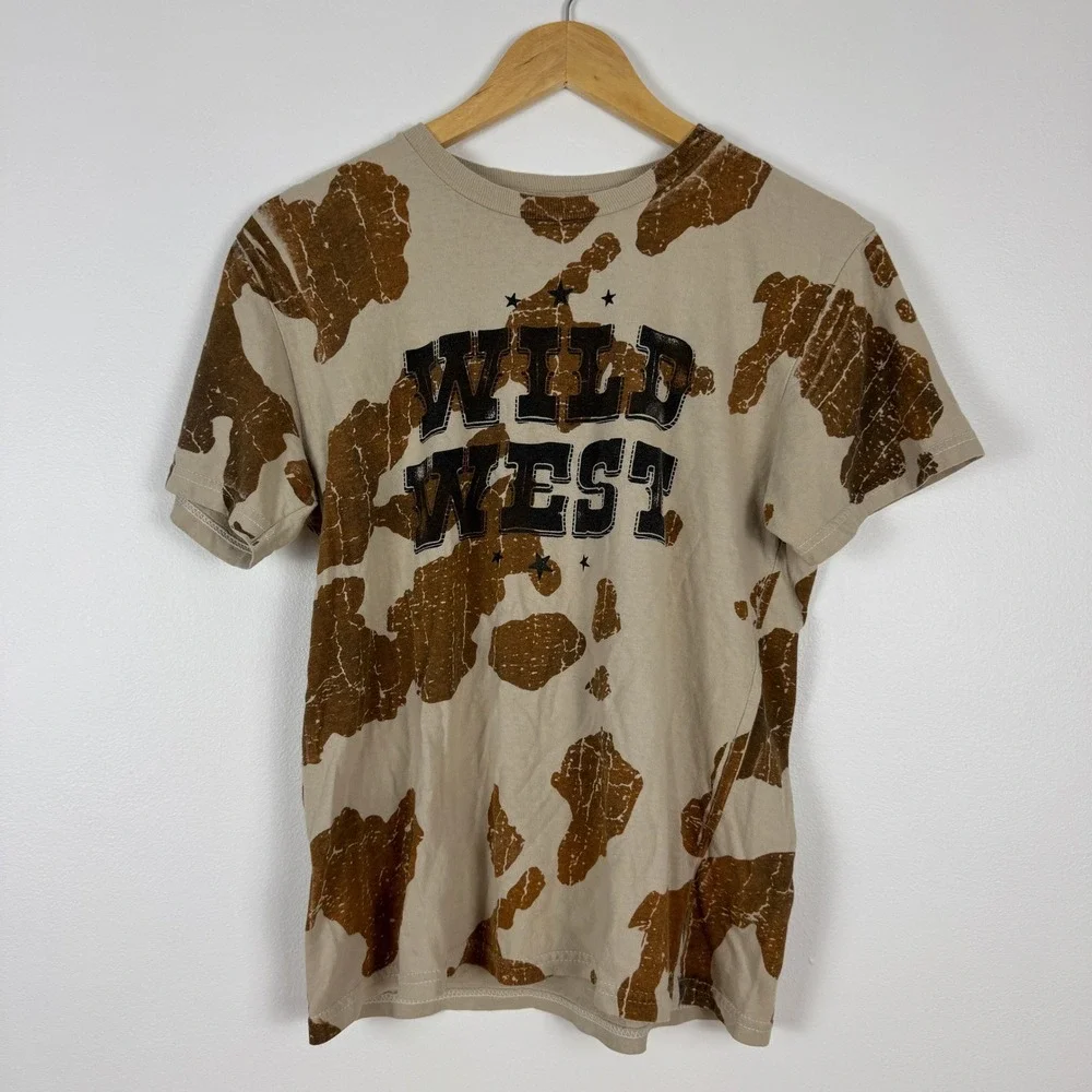 American Highway Wild West Cow Print Oversized T Shirt Youth Size L Western Chic